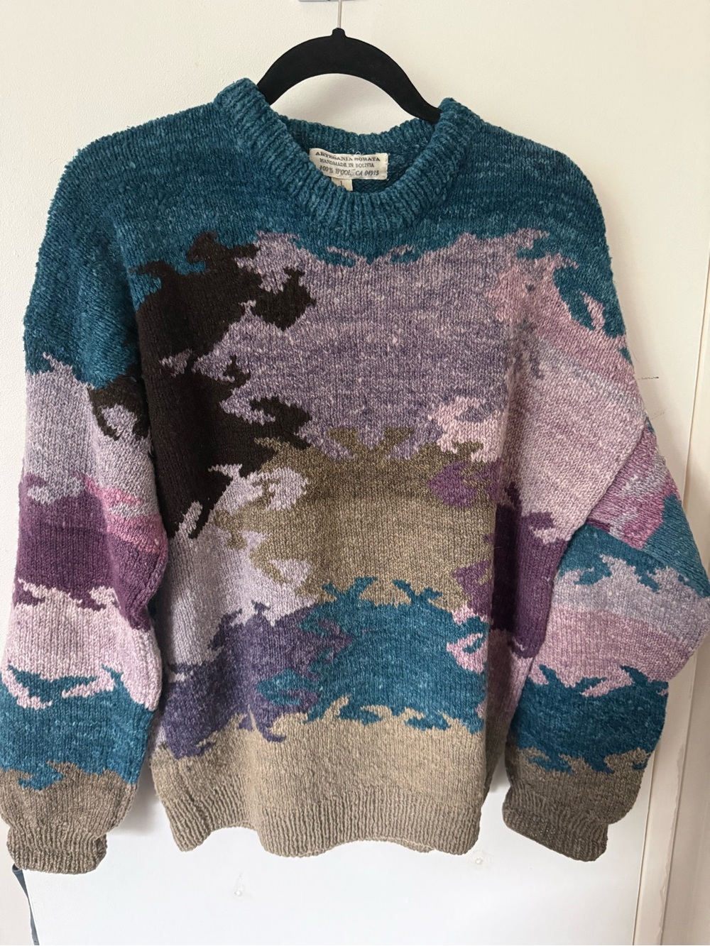 Vintage Artesania Bolivia 100% Wool Hand Knit Abstract Multicolor Sweater L 90s